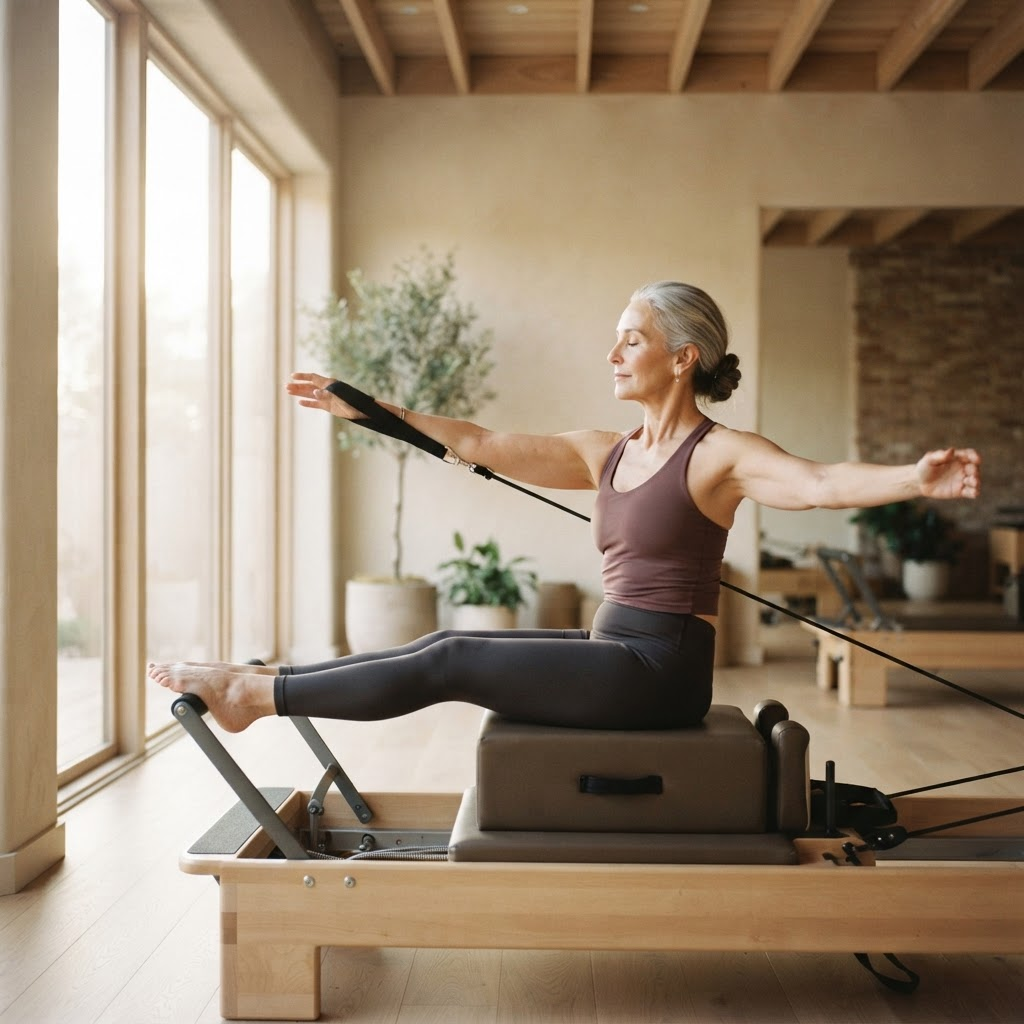 A person moving with control during a Pilates reformer session in a light-filled studio
