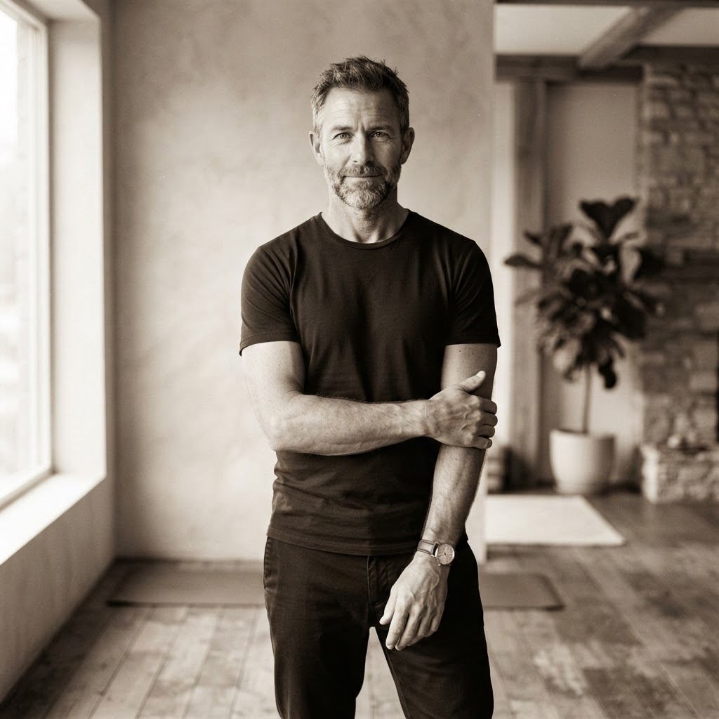 Portrait of Johnny, a seasoned movement coach, in a minimalist studio